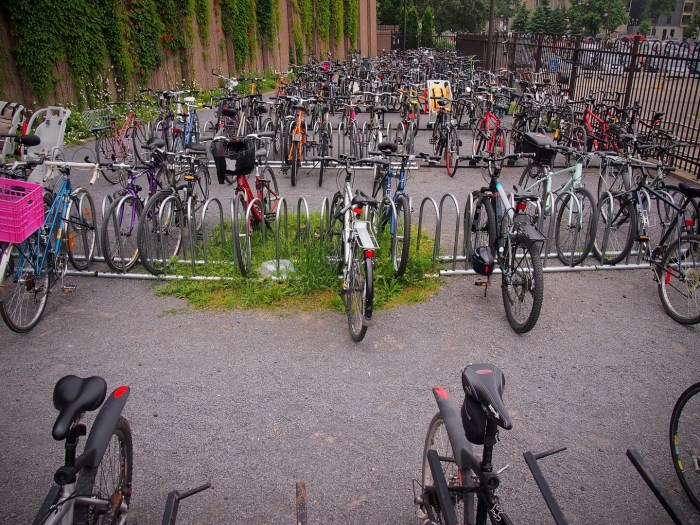  No, this is not a college campus, it’s one of the many bicycle parking areas around the Canadian Public Broadcasting building